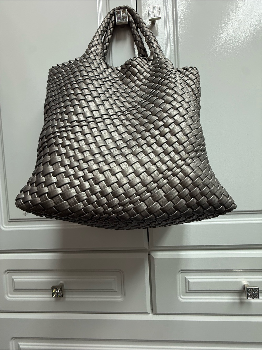 Woven Metallic Tote Bag in Pewter - Picture 3 of 8